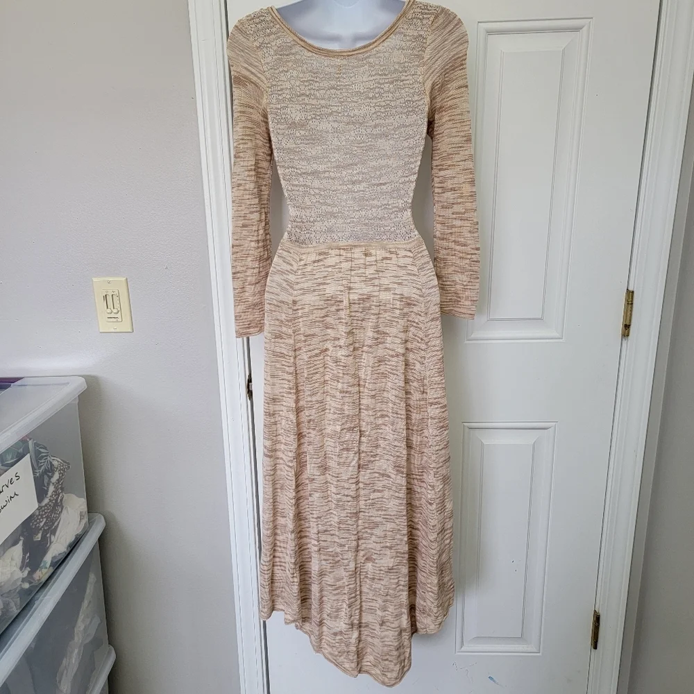 Free People Space Dye Open Knit Crochet Button Front Midi Dress Tan Cream XS - Picture 6 of 10
